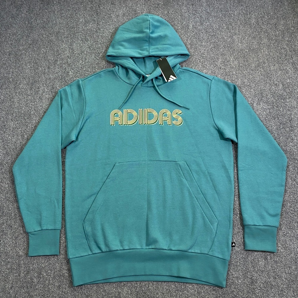Adidas 3D Retro 70s Striped Logo Hoodie Mens Small Powder Teal Disco Groovy NWT - Picture 2 of 16